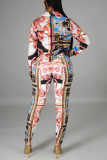 Multicolor Fashion Casual Print Basic Turndown Collar Long Sleeve Two Pieces