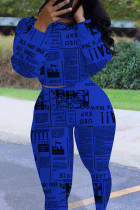 Royal blue Casual Print Patchwork O Neck Long Sleeve Two Pieces