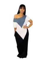 Grey Casual Fashion One Shoulder Short Sleeves one shoulder collar Straight Floor-Length Patchw