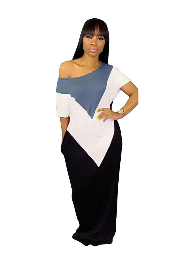 Grey Casual Fashion One Shoulder Short Sleeves one shoulder collar Straight Floor-Length Patchw