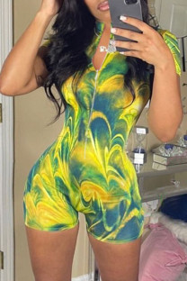 Yellow Fashion Casual Print Basic Zipper Collar Skinny Romper