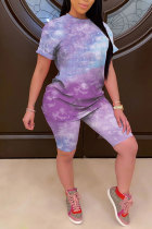 purple Fashion Casual adult Patchwork Print Tie Dye Gradient Two Piece Suits pencil Short Sleeve Two Pieces