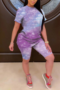 purple Fashion Casual adult Patchwork Print Tie Dye Gradient Two Piece Suits pencil Short Sleeve Two Pieces