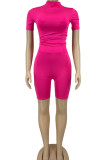 Rose Red Casual Solid Patchwork Half A Turtleneck Short Sleeve Two Pieces