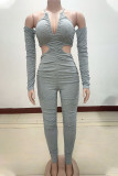 Black Fashion Sexy Adult Solid Fold Halter Skinny Jumpsuits