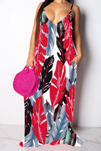 Red Fashion Casual adult Red Blue Yellow Spaghetti Strap Sleeveless V Neck Swagger Floor-Length Print Patchwork Dresses