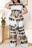 Yellow Fashion Casual Print Basic O Neck Plus Size Two Pieces