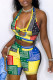 Yellow Sexy Print Hollowed Out Patchwork Halter Sleeveless Two Pieces