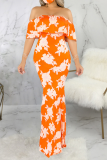 Yellow Sexy Print Patchwork Off the Shoulder Wrapped Skirt Dresses