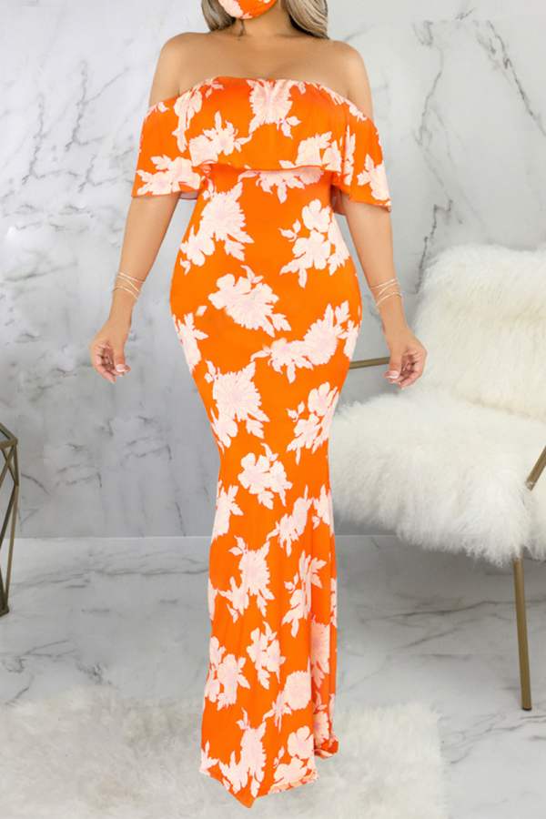 Yellow Sexy Print Patchwork Off the Shoulder Wrapped Skirt Dresses