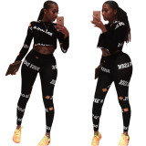 Blue Spandex Elastic Fly Long Sleeve Mid Letter Skinny Pants