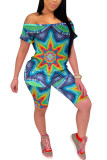 Blue Fashion adult OL Patchwork Print Tie Dye Two Piece Suits pencil Short Sleeve Two Pieces