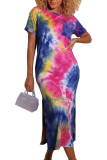 Pink Europe and America Short Sleeves O neck Pencil Dress Ankle-Length Print Tie and dye Dresses