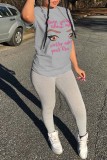 Grey Fashion Casual Print Basic O Neck T-Shirts
