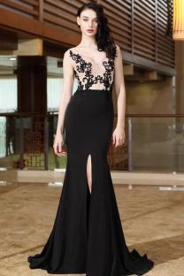 Black Sexy adult Fashion Spaghetti Strap Sleeveless V Neck Mermaid Floor-Length lace split Patch