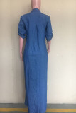 Blue The cowboy Fashion adult Ma'am Sweet Cap Sleeve Half Sleeves Turndown Collar Princess Dress Ankle-Length Solid Dresses