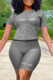 Grey Fashion Casual Letter Embroidered O Neck Short Sleeve Two Pieces