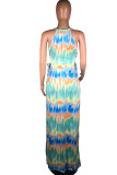 Green Milk. Fashion adult Ma'am Street Green Off The Shoulder Sleeveless Halter Neck Step Skirt Floor-Length Print Dresses