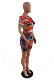 Multicolor Fashion Casual Print Basic O Neck Short Sleeve Regular Romper