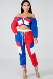 Red Elastic Fly Long Sleeve Mid Print Patchwork pencil Pants