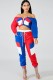 Blue Elastic Fly Long Sleeve Mid Print Patchwork pencil Pants