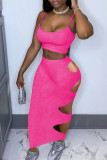 Rose Red Sexy Solid Ripped Backless Burn-out Spaghetti Strap Sleeveless Two Pieces