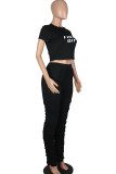 Black Fashion Sexy adult Ma'am Letter Two Piece Suits pencil Short Sleeve Two Pieces