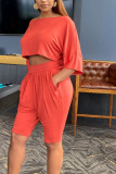 Orange Casual Solid pencil Half Sleeve Two Pieces