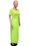 Fluorescent green Casual England Solid Fluorescent Loose Short Sleeve Two Pieces