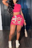 Red Fashion Sexy Print Asymmetrical O Neck Short Sleeve Two Pieces