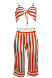 Orange Elastic Fly Mid Striped Loose Pants Two-piece suit