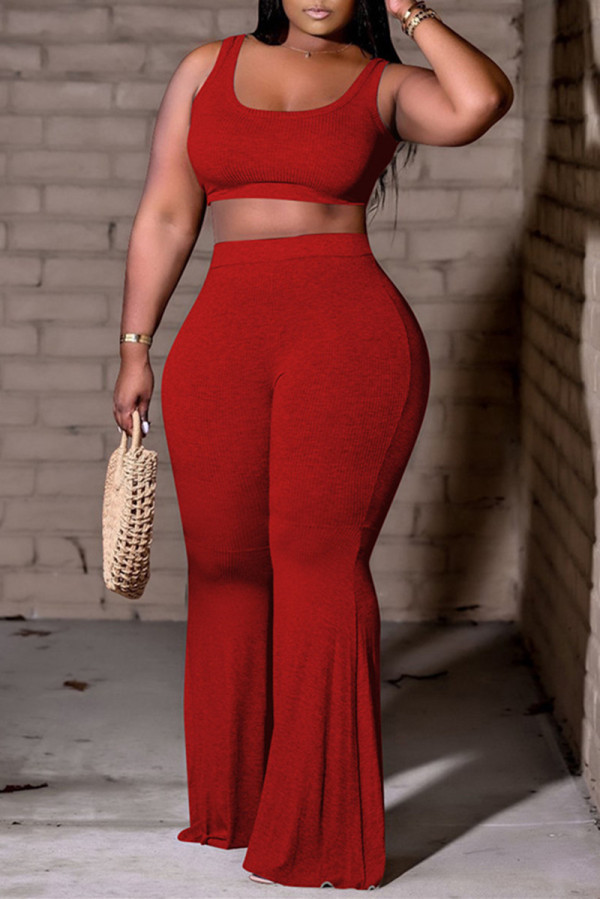 Red Sexy Casual Solid Basic U Neck Sleeveless Two Pieces