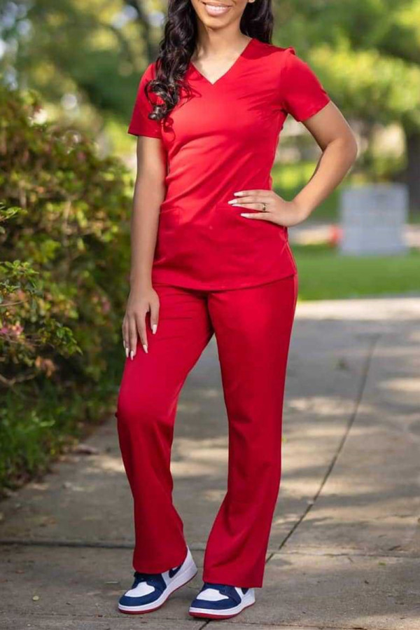 Red Fashion Casual Solid Basic V Neck Short Sleeve Two Pieces