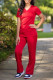 Red Fashion Casual Solid Basic V Neck Short Sleeve Two Pieces