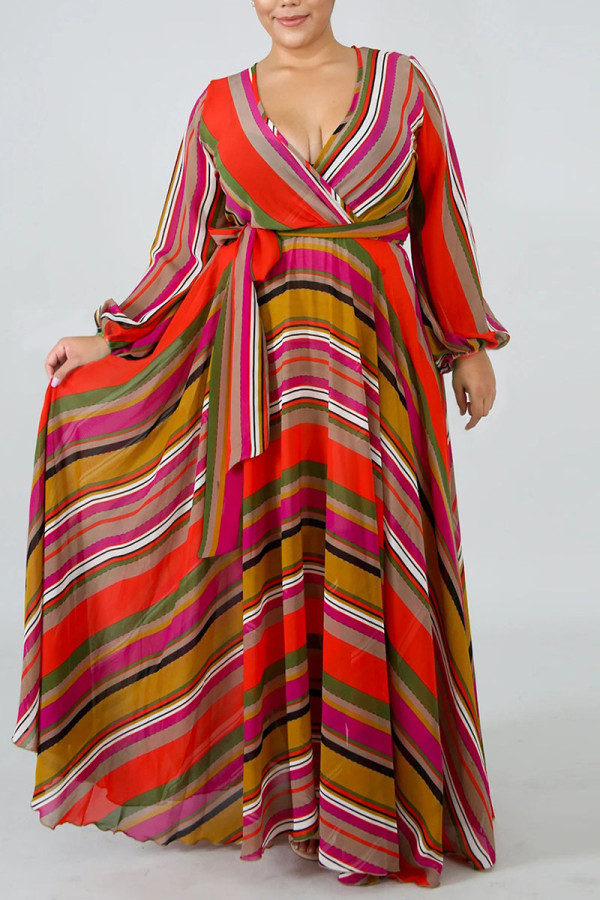 Tangerine Elegant Print Bandage Patchwork V Neck Printed Dress Dresses