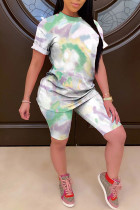 Green Fashion Casual adult Ma'am Patchwork Print Tie Dye Gradient Two Piece Suits pencil Short Sleeve Two Pieces