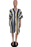 Hide Blue Fashion Casual adult Striped Patchwork Print ruffle Two Piece Suits Straight Half Sleeve Two Pieces