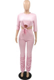 Pink Street Solid Draped Straight Half Sleeve Two Pieces