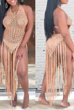 Khaki Sexy Solid Tassel Hollowed Out Swimwears