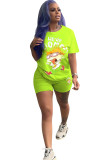 Fluorescent green Fashion adult Ma'am Street Patchwork Print Character Two Piece Suits pencil Short Sleeve Two Pieces