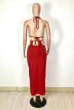 White Sexy Solid Hollowed Out Halter Pencil Skirt Dresses