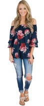 Dark Blue Fashion Butterfly Sleeve Slash neck Three Quarter Ruffles Backless Print Regular Tees & T-shirts