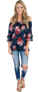 Dark Blue Fashion Butterfly Sleeve Slash neck Three Quarter Ruffles Backless Print Regular Tees & T-shirts