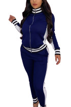 Blue Casual Sportswear Spandex Blends Patchwork Solid Patchwork Pants Zipper Collar Long Sleeve Regular Sleeve Regular Two Pieces