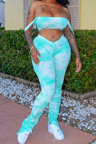 Green Fashion Casual Print Tie Dye Two Piece Suits Boot Cut Sleeveless Two Pieces