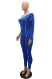 Blue Casual Solid zipper Blend Long Sleeve O Neck Jumpsuits