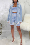 Light Blue Sexy Solid Ripped Make Old Turndown Collar Outerwear