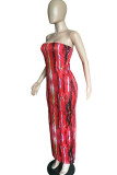 rose red Sexy Print Tie-dye Backless Strapless Pencil Skirt Dresses