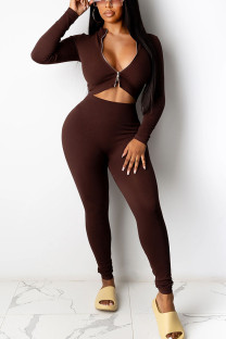 Brown Casual Solid O Neck Long Sleeve Two Pieces