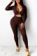 Brown Casual Solid O Neck Long Sleeve Two Pieces